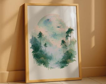 May include: A rectangular framed wall art print featuring a watercolor-style illustration of a dense forest with tall green pine trees, soft pink and blue misty clouds, and a large circular moon-like shape in the background, all set in a light wood frame.