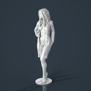 May include: A white 3D-printed sculpture of a woman in a long coat and high heels. The figure is standing on a circular base, with long wavy hair and a buttoned coat. The sculpture is a solid white colour.