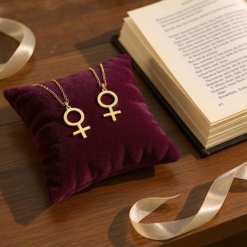 May include: Two gold-colored necklaces with the female symbol pendant rest on a deep red velvet pillow. A book with aged pages and a cream-colored ribbon are in the background. The necklaces are on a wooden surface.
