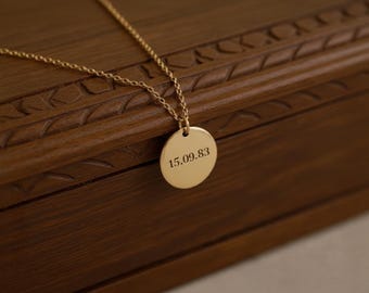 Disc Date Necklace, Wedding Date Necklace, Engagement Date Necklace, Customized Name Necklace, Name Keepsake Necklace, Name Birthday Pendant