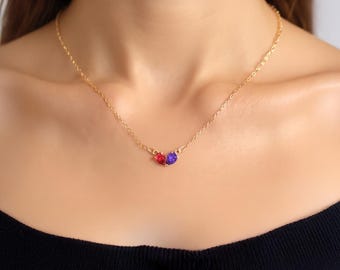 Double Birthstone Necklace, Customized Birthstone Couple Necklace, Personalized Birthstone Heart Necklace, Heart Birthstone Lovers Necklace