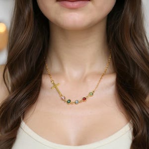 Birthstone Cross Necklace For Mom, Cross Christian Necklace, Cross Religious Necklace, Custom Birthstone Necklace, Family Birthstone Pendant