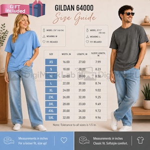 May include: A product image featuring a size guide for Gildan 64000 t-shirts. The guide includes measurements in inches for sizes XS to 5XL. Two models are shown wearing the shirts, with a gift box graphic in the corner.
