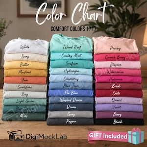 Op de afbeelding: Een kleurenkaart toont stapels opgevouwen t-shirts in verschillende kleuren, waaronder wit, ivoor en blauw. De tekst "Color Chart" en "Comfort Colors 1717" staat bovenaan. Rechtsonder staat een cadeauverpakking met de tekst "GIFT included".