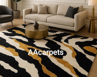 Modern Black Gold Abstract Area Rug – Bold Artistic Pattern Carpet – Luxury Contemporary Living Room Floor Rug, Designer Home Décor