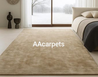Alfombra de lana maciza color beige con mechones hechos a mano, alfombra minimalista para sala de estar y dormitorio, alfombra neutra moderna de tamaño personalizado.