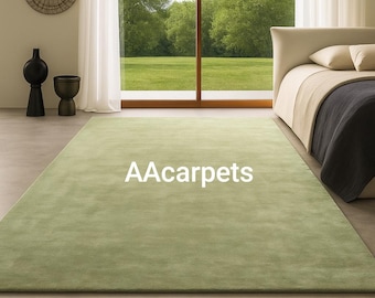 Light Green Solid Hand Tufted Wool Rug, Minimalist Modern Area Rug for Living Room & Bedroom, Custom Size Soft Plush Carpet.
