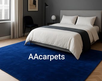 Koningsblauw massief wollen vloerkleed – luxe handgetuft effen tapijt | Modern minimalistisch vloerkleed voor slaapkamer en woonkamer | Blauw vloerkleed aangepast formaat