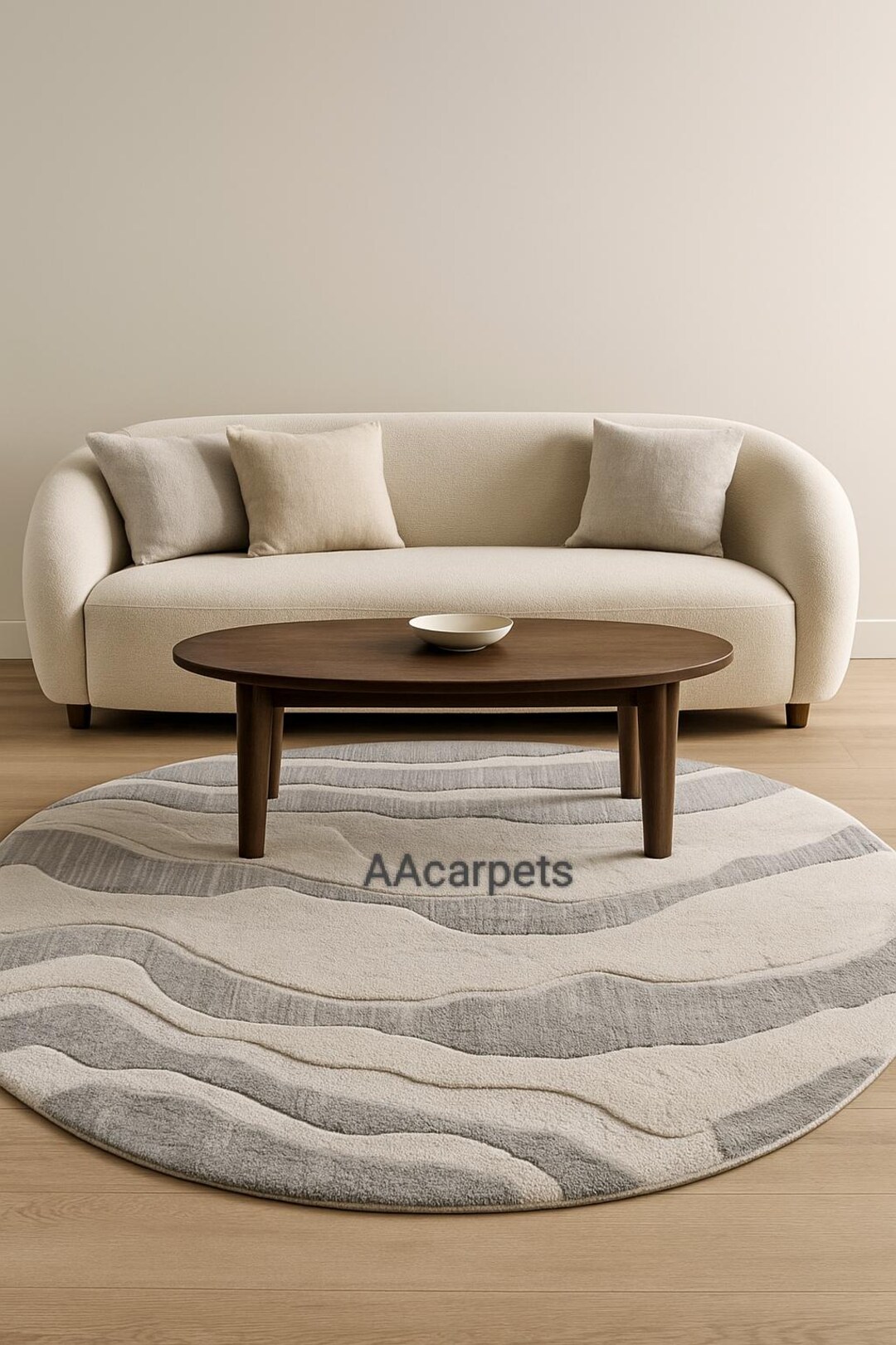Round Grey Cream Abstract Rug | Modern Hand-tufted Wool Carpet | 3D ...