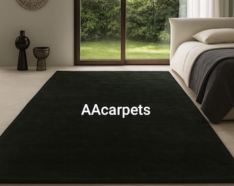 Dark Green Solid Hand Tufted Wool Rug, Modern Minimalist Area Rug for Living Room & Bedroom, Luxury Plain Green Carpet.