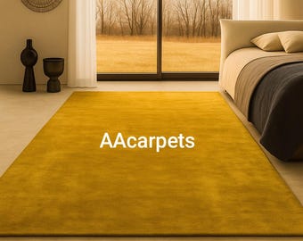 Golden Mustard Plush Area Rug – Soft Modern Solid Carpet for Bedroom & Living Room | Minimalist Cozy Floor Decor | AAcarpets Handmade Rug