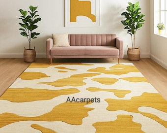 Yellow Abstract Rug for Living Room | Modern Hand-Tufted Wool Carpet | Mustard Cream Geometric Area Rug by AAcarpets