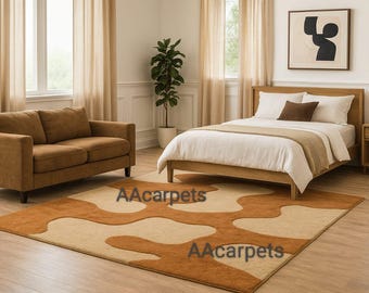 Modern Abstract Brown & Beige Area Rug | Geometric Pattern Bedroom Carpet | Soft Tufted Living Room Rug | Neutral Tone Minimalist Floor Rug