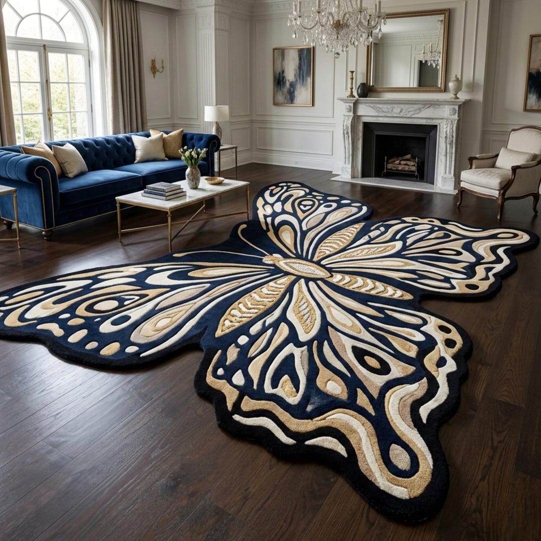Navy Blue Butterfly Wool Rug, Hand Tufted Gold Cream Designer Area ...