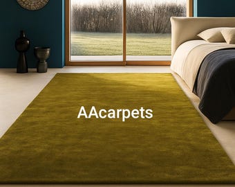 Olive Green Solid Hand Tufted Wool Rug, Modern Minimalist Area Rug for Living Room & Bedroom, Custom Size Soft Plush Carpet.