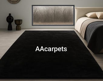 Black Solid Wool Rug – Luxury Hand-Tufted Plain Carpet | Modern Minimalist Area Rug for Bedroom & Living Room | Custom Size Black Rug