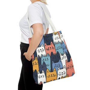 Bolsa de compras con estampado integral de gato pastel / Diseño de gato de dibujos animados adorable / Estética pastel caprichosa / Bolsa de compras reutilizable y ecológica