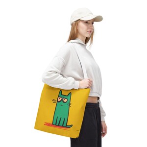 Bolsa de mano con diseño de gato pop art original / Estampado minimalista de gato de dibujos animados en amarillo intenso / Divertida bolsa reutilizable para el día a día