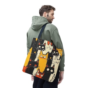 All-Over Print Tote Bag with Quirky Colorful Cats | Bold Black, Yellow & Orange Cat Pattern - Whimsical Art-Inspired Handbag