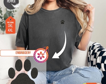 Cat Paw Embroidered Comfort Colors T-Shirt, Cat Lover Gift