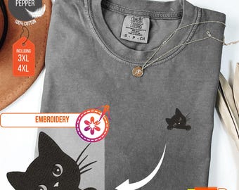 Embroidered Cat Comfort Colors T-Shirt, Kitten Tee, Animals Lover Gift