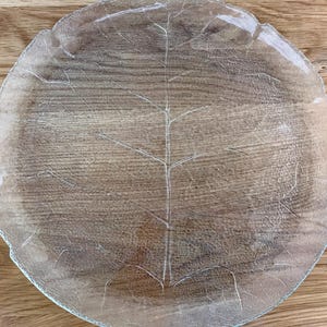 May include: A clear, circular glass plate featuring a textured surface with an embossed leaf vein pattern. The plate has a slightly irregular, organic edge that mimics the shape of a natural leaf, with a smooth centre and raised glass veins.