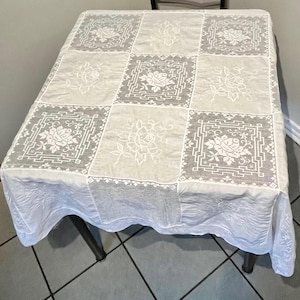 Vintage, Hand Embroidered, Linen and Filet Lace Square Tablecloth (48 inches)