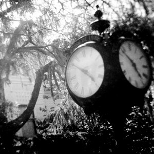 May include: A black and white photo of an old clock with two faces, partially obscured by a tree branch. The clock is hanging from a post and has a decorative design.