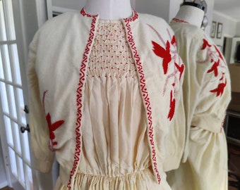 Size XS Ivory & Red 1950s Sweater Smocked Dress Set Lambs Wool Sweater Girl, Vintage 1960s Cardigan, Bridal Wrap