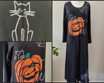 Size L/XL 1980s Halloween Long Sleeved Hand Painted Dress, Fun Retro Pocket Print, Ugly Sweater 70s 80s Fall Vintage Volup