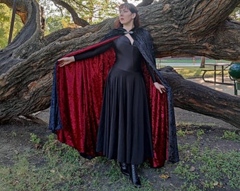 Reversible Vampire Velvet Cape with Hood, Dracula Costume, Death Cloak, Black & Red Robe, Adult Halloween, Witchy Pagan Reaper