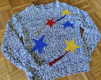 Size M/L Shooting Stars Sweater 1980s Rad Blue Red Yellow Jumper, 80s Acrylic Unisex Wool Free
