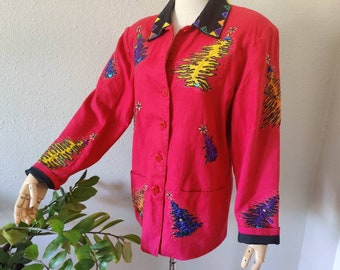 Size M/L Ugly Christmas Sweater Red Blazer 80s Jacket with Holiday Trees, perfect for holiday sweater parties! Unisex Wool Free