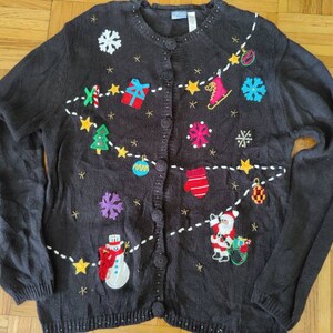 Size M/L/XL Ugly Christmas Sweater, Black Santa Snowman Cardigan, perfect for holiday sweater parties! Wool free, unisex volup