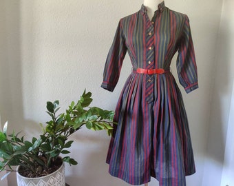 Size S Fall Stripes Vintage 3/4 Sleeve 50s Dress, 60s Cotton Button Down Menswear Inspired Mrs. Maisel, Retro Joan Office Mad Men, Pinup