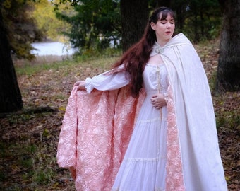 Snow & Roses: White Velvet Blush Satin Cape with Hood, Ivory Bridal Wedding Cloak, Veil Alternative, Winter Bride, Cosplay Costume, Ice Robe