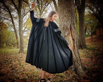 Size S/M Lilli Ann Black Trapeze Swing Coat, 1950s Mid Century Retro Jacket, 100% Mohair Wool MCM Mid Mod Women's Statement Princess Coat