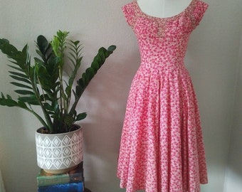 Size XS/S: Pink Atomic Novelty Cotton Dress, Mid Century Sundress 50s 60s, Cocktial Maisel Mad Men Pinup Housewife