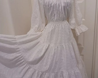 Size S/M/L: Anna Konya Cottagecore Vintage Peasant White Cotton Eyelet Dress, Boho Festival Hippie Garden Wedding Bridal