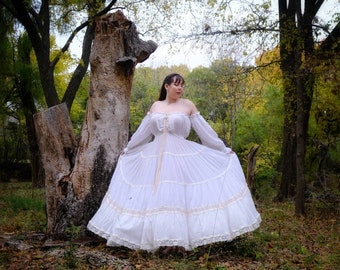 Size L/XL/2XL: Anna Konya Volup Cottagecore Vintage Peasant White Cotton Maxi Dress, 60s 70s Boho Festival Hippie Garden Wedding Bridal