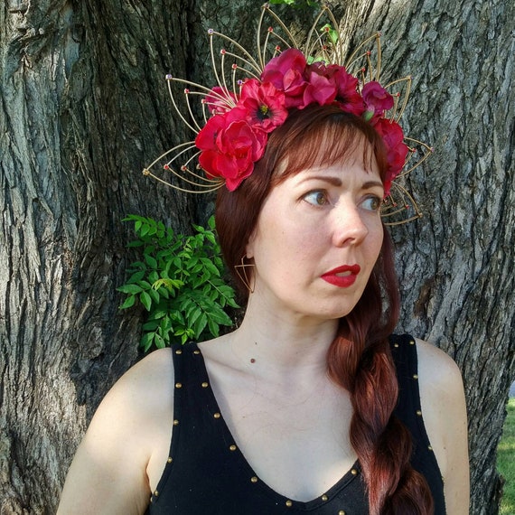 Ruby Red Large Crystal Headband Sither Bridal Crystal Headband | Large Silver Headpiece for  main image 3