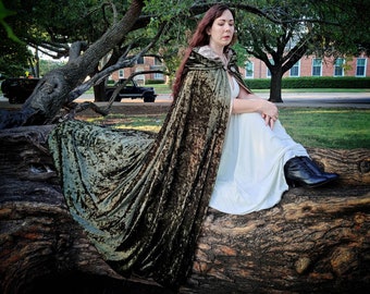 Custom: Olive & Brass Velvet Cape with Hood, Forest Elf, Green Fairy Fantasy Costume, Leaf Cloak, Adult Halloween, Princess LotR Cosplay