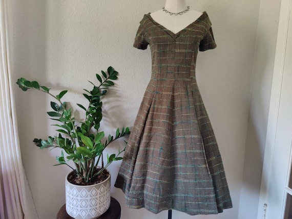 Size M: Brown & Teal Plaid Vintage 50s Princess S… - image 1