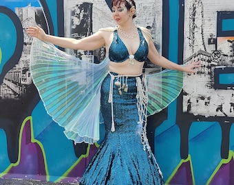 Sapphire Blue Sequined Mermaid Skirt/Tail- Adult Mermaid Costume, Ariel, Coney Island Parade, Walkable Siren Halloween Under The Sea Couture