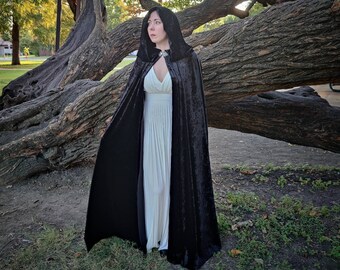 Classic Black Crushed Velvet Cape Unlined with Hood, Fantasy Vampire Costume, Wizard Cloak, Death Robe, Halloween, Witchy Pagan Reaper LotR