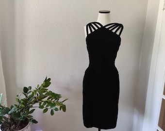 Size S Little Black Dress with Pockets, Vintage Velvet NYE Mindy Ross Sheath Dress Pinup, Mrs. Maisel Cocktail, 50s/60s Wiggle, Retro LBD