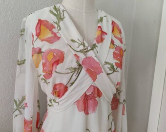 Size M/L: Poppy Fields Boho Maxi Dress, 70s Floral Cotton Hippie, Prairie Peasant Romantic Dress, Beach Garden Wedding Festival Cottagecore