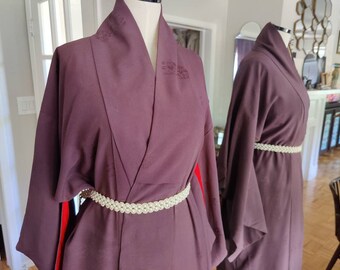 One Size Antique Purple Silk Kimono, Vintage Japanese Robe 3 Crest Samurai Kamon, Rare Saffron Red Lining 1910s 1920s