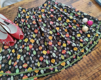 Size S Holiday Ornaments Skirt, Vintage Mid-Century Retro Shiny Brite Cotton Fabric, A-Line Tea Length Retro Skirt
