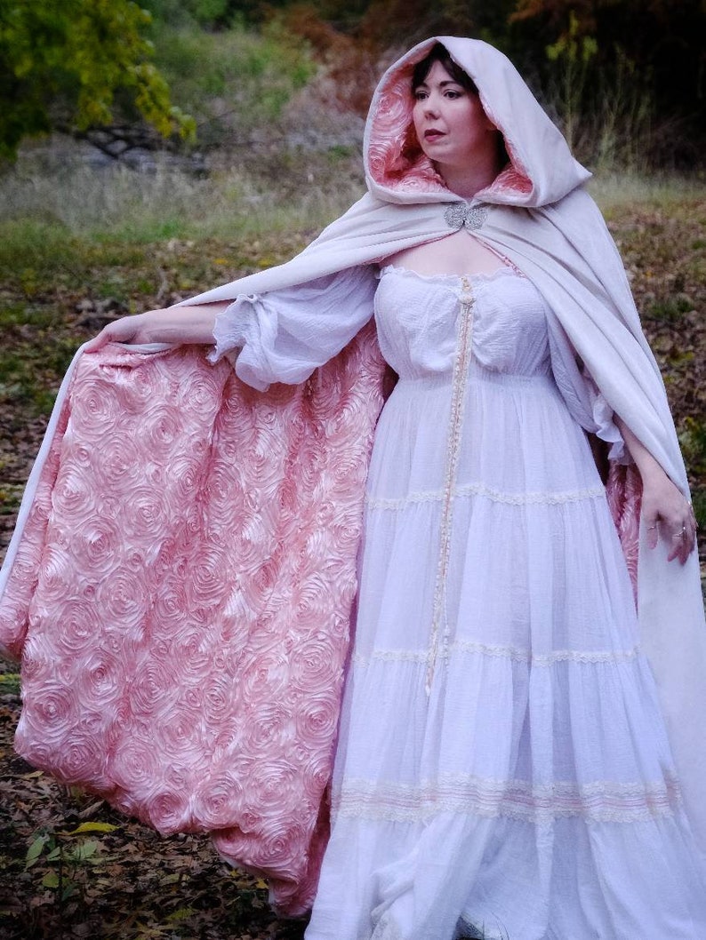 Snow & Roses: White Velvet Blush Satin Cape with Hood, Ivory Bridal Wedding Cloak, Veil Alternative, Winter Bride, Cosplay Costume, Ice Robe image 2